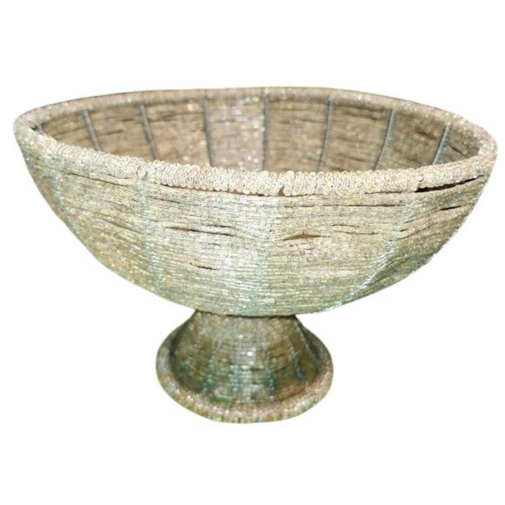 BC Decorative Amber/Silver Seed Bead Pedestal Wire Basket Bowl 7" x 4.5"